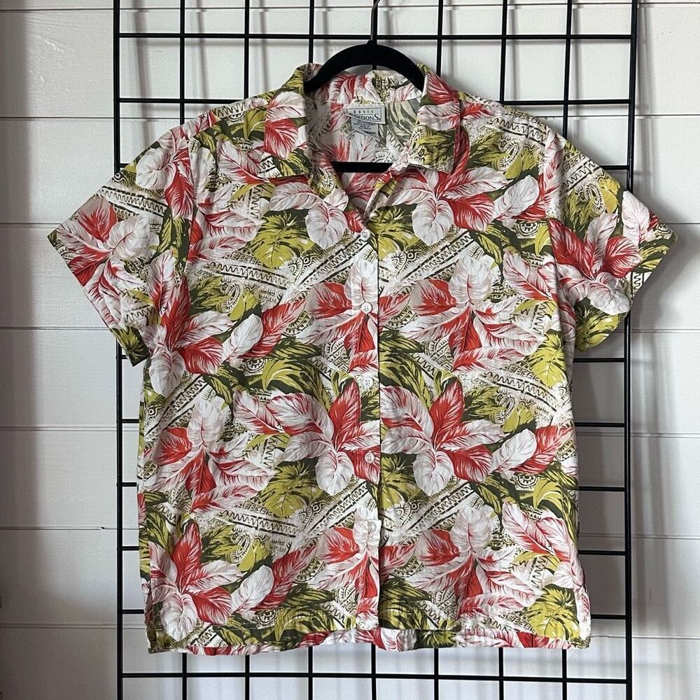 VTG Basic Editions Hawaiian SS‎ Shirt Womens L Green Pink Boxy 80s